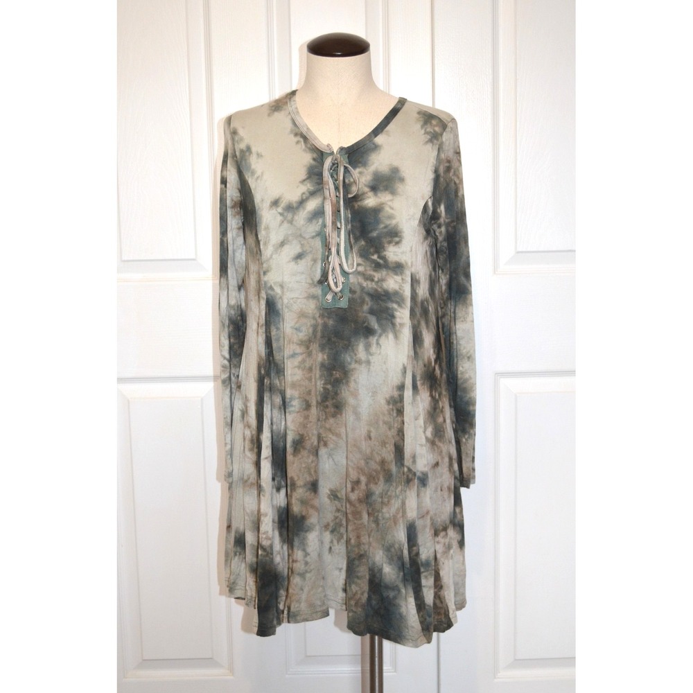 Cy Fashion Dress Women's S Long Sleeve Gray Variegated Lace‎ Up Neckline